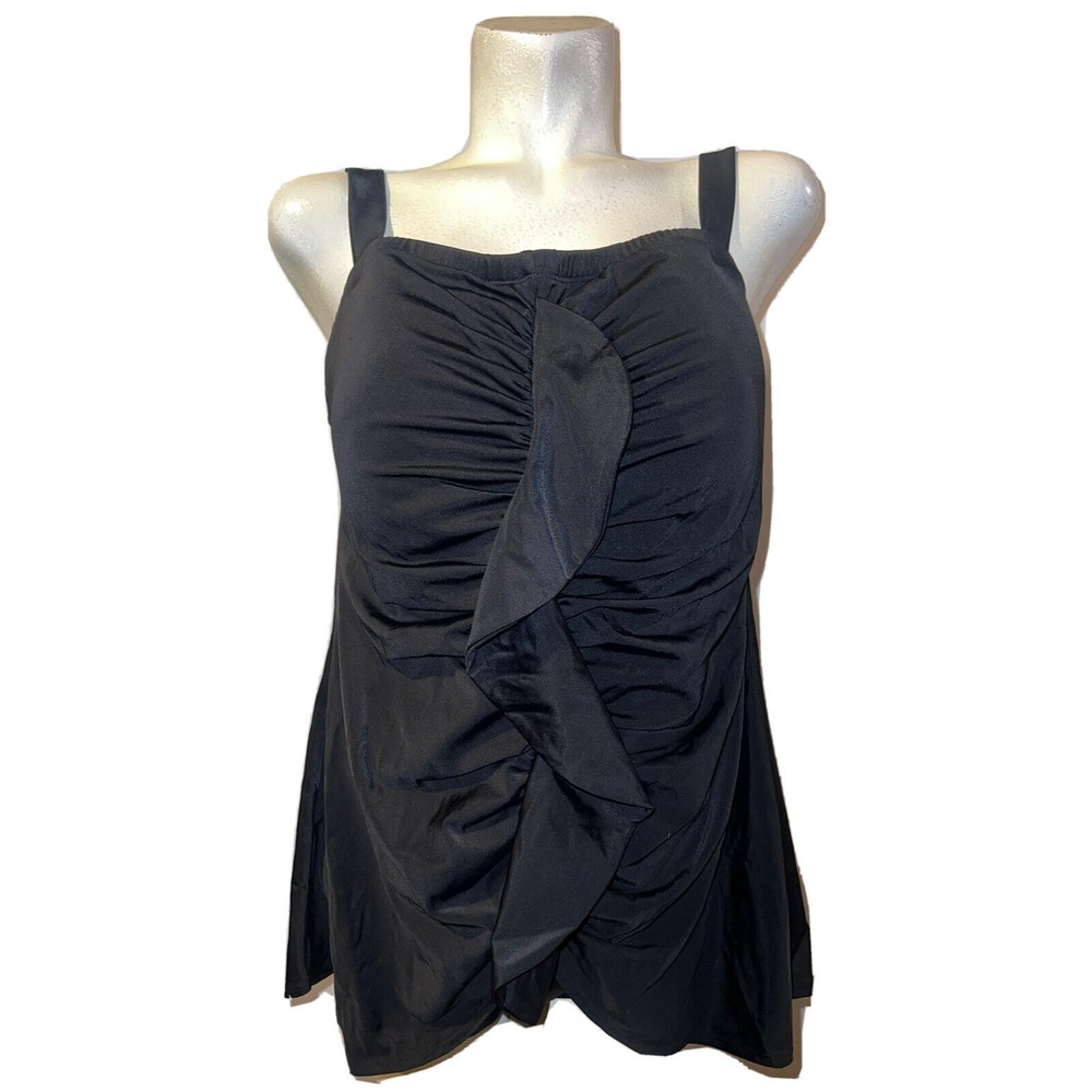 New Avenue Womens Plus Size 22 Black Ruffle Ruched Bathing Suit Swimsuit Dress
